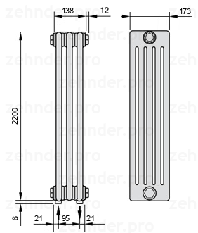 Схема (чертеж) Радиатор Zehnder Charleston 5220/3 №5310 Белый глянцевый RAL 9016